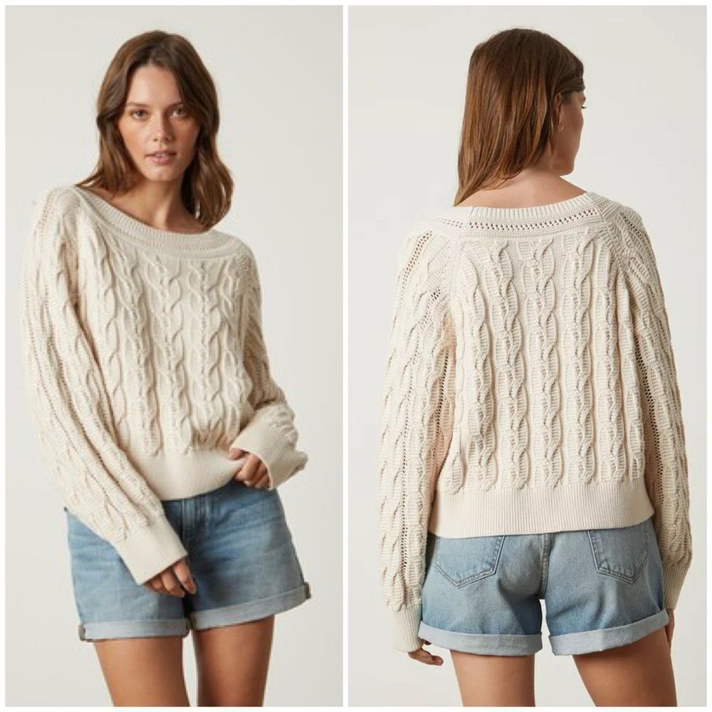Velvet by Graham & Spencer Cream Cable Knit Scoop Neck Sweater